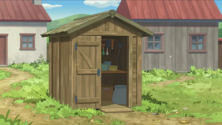 Visual representation of "outhouse" - A small building away from the main building, often used for certain reasons like storing goods or as a toilet.