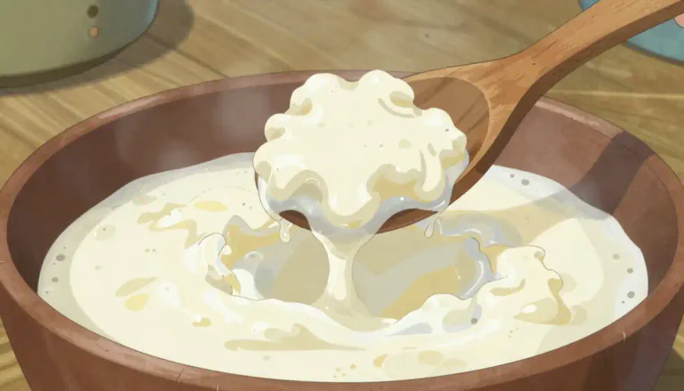 Visual representation of "curd" - The thick part of milk that forms when it becomes sour or when an acid is added.