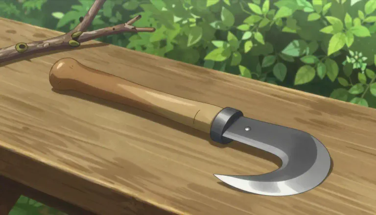 Visual representation of "billhook" - A tool with a curved blade used for cutting and pruning trees and bushes.