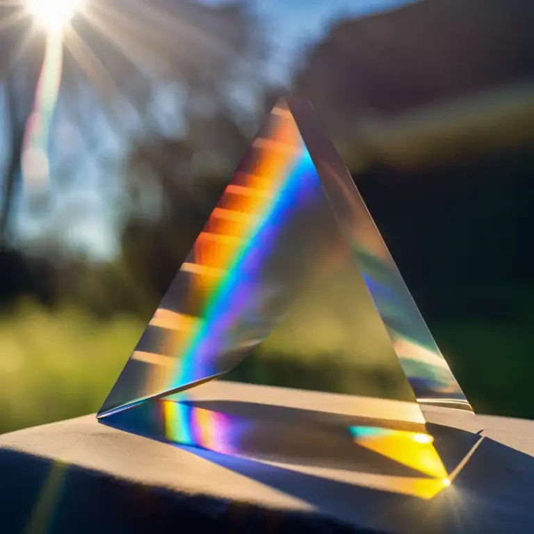 Visual representation of "prism" - A glass or other transparent object in prism form that disperses light into a spectrum.