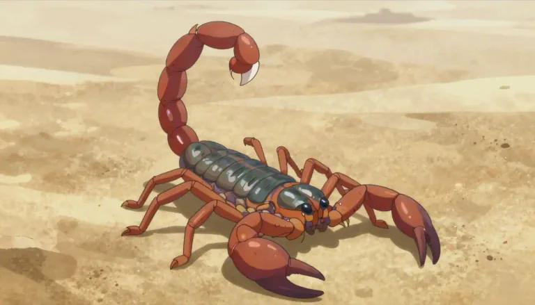 Visual representation of "scorpion" - A small creature with a long body, eight legs and a tail that has a poisonous sting.