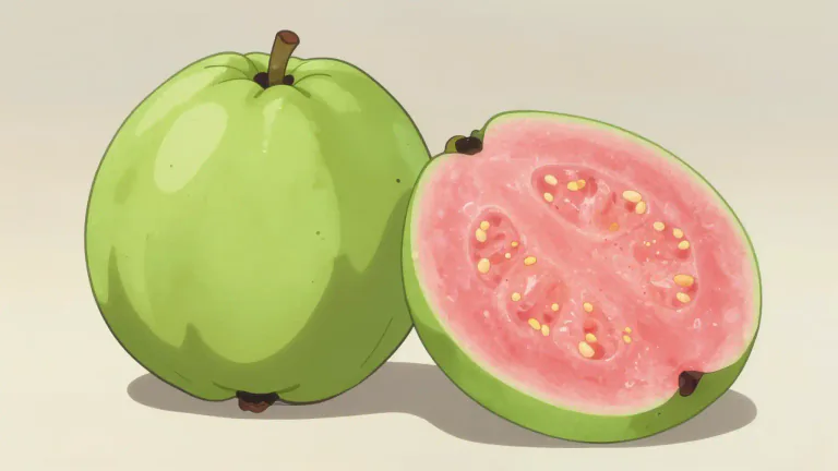Visual representation of "guava" - A tropical fruit that is green outside and pink inside, with hard seeds.