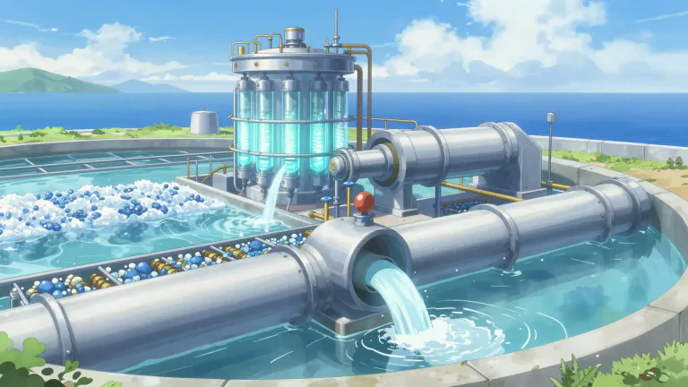 Visual representation of "desalinization" - The process of removing salt and other minerals from seawater or brackish water to produce fresh water.