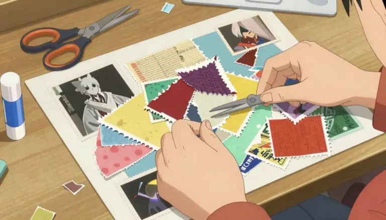 Visual representation of "collage" - A form of art made by sticking different materials such as paper, photos onto a backing.