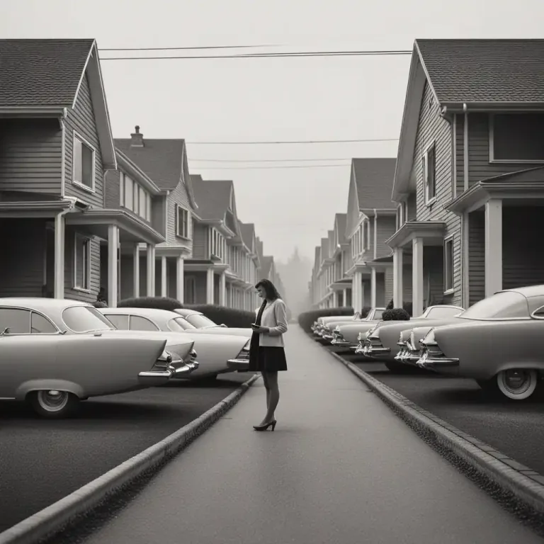 Visual representation of "suburbia" - The lifestyle or attitudes associated with people who live in suburban areas, often associated with conformity and lack of diversity.
