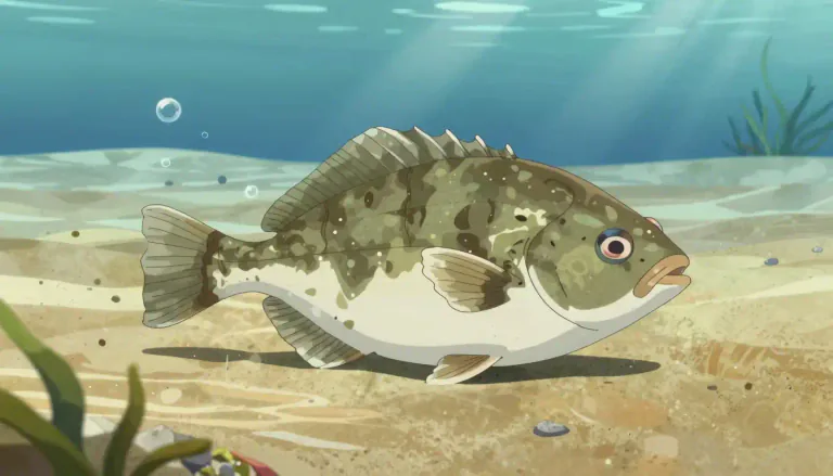 Visual representation of "plaice" - A type of flat fish that lives in the sea, often eaten as food