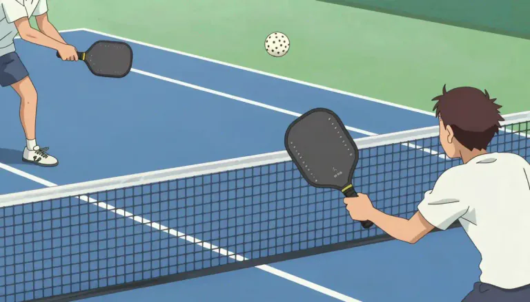 Visual representation of "pickleball" - A game played on a court with a net, where players use paddles to hit a lightweight ball back and forth, often enjoyed for recreation and competition.