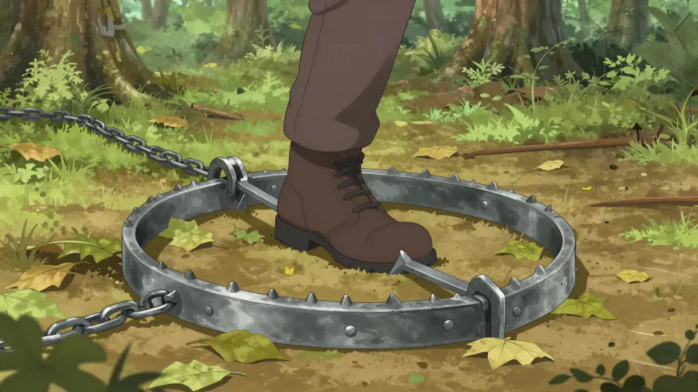 Visual representation of "mantrap" - A trap for catching humans, often used in game hunting.