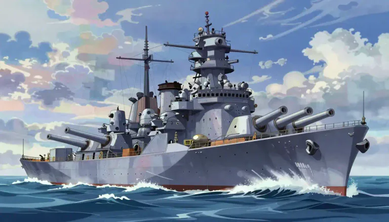 Visual representation of "battleship" - A very large ship that is part of a navy and has many large guns.