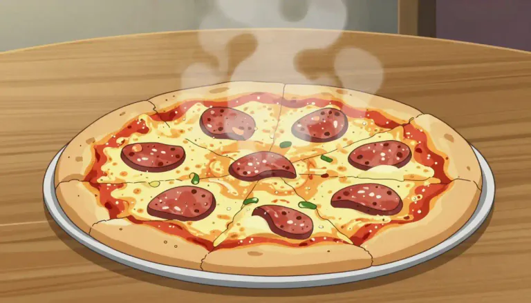 Visual representation of "pizza" - A type of food made from a flat round dough covered with cheese, tomatoes, and other ingredients, and then baked in an oven