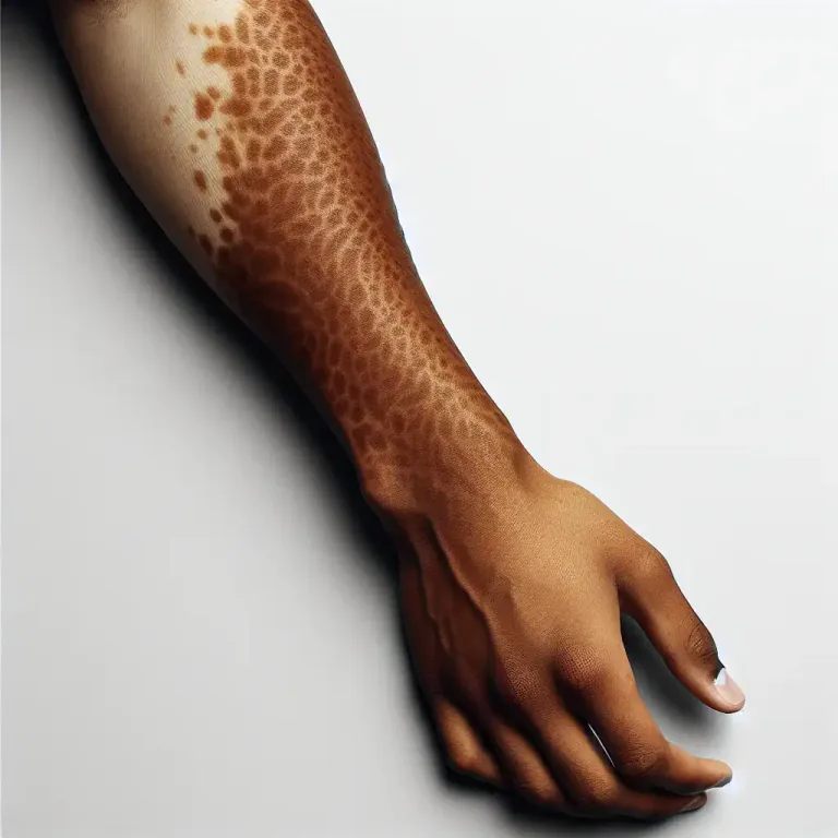 Visual representation of "mottled" - Being affected by uneven coloring illness.