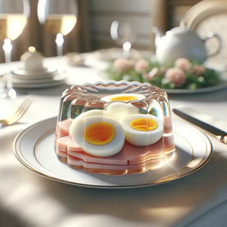Visual representation of "aspic" - A dish where the main ingredients, usually meats or vegetables, are surrounded by a gelatin made from a meat stock or consommé.