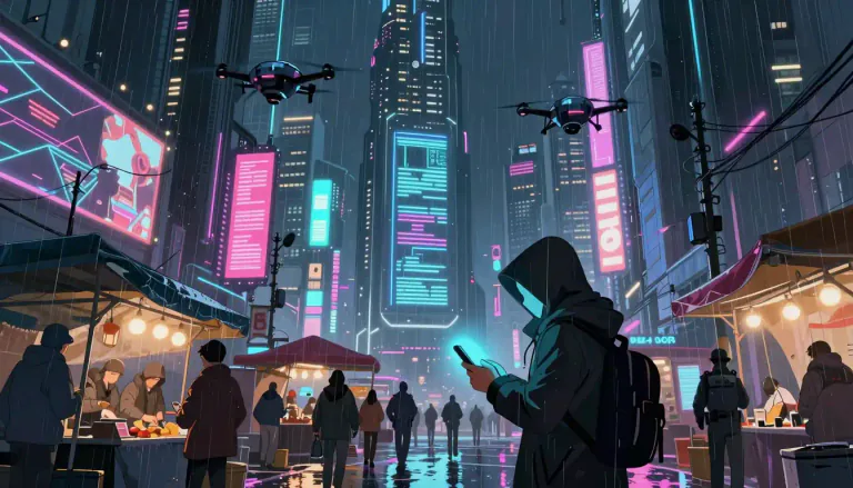 Visual representation of "cyberpunk" - A genre of science fiction that focuses on futuristic society where technology is advanced but social life is in chaos or disorder