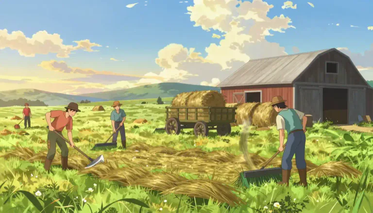 Visual representation of "haymaking" - The work or process of cutting, drying and storing grass as hay.