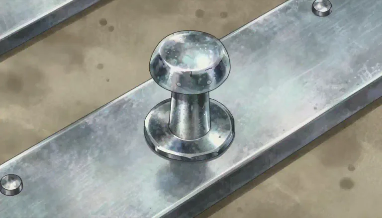 Visual representation of "rivet" - A small metal pin or bolt for holding together two plates of metal, its headless end being beaten out or pressed down when in place.