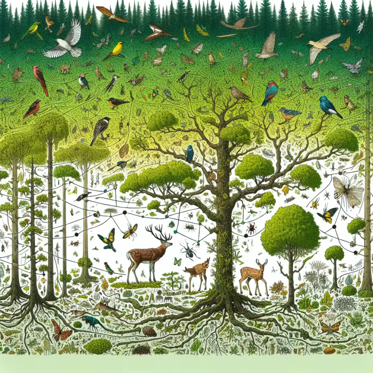 Visual representation of "interdependence" - A relationship in an ecosystem where living things rely on each other