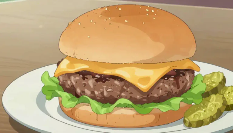 Visual representation of "cheeseburger" - A hamburger topped with a slice of cheese.