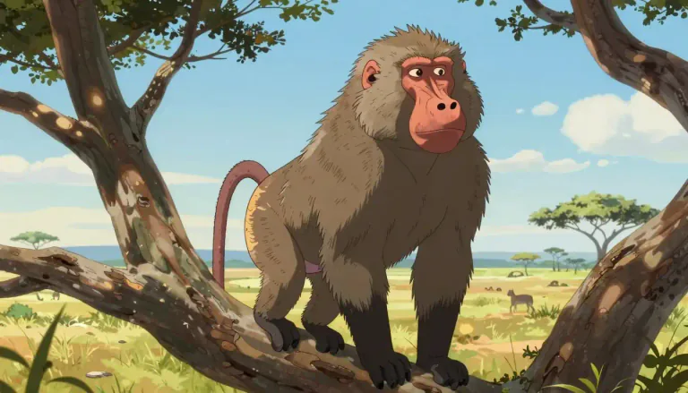 Visual representation of "baboon" - A large monkey that lives in Africa and Asia, known for its size, strength, and long, pointy face similar to a dog's.