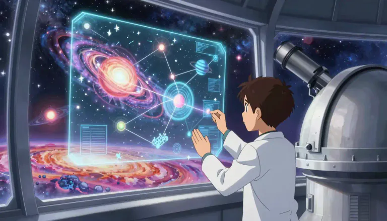 Visual representation of "astrophysics" - The part of science that studies stars, planets, galaxies, and everything in the universe, using physics.