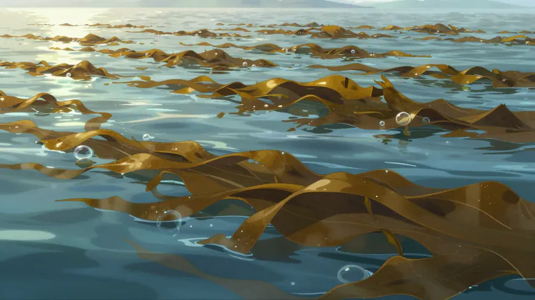 Visual representation of "sargassum" - A type of brown seaweed that typically floats in large masses on the surface of warm ocean waters.