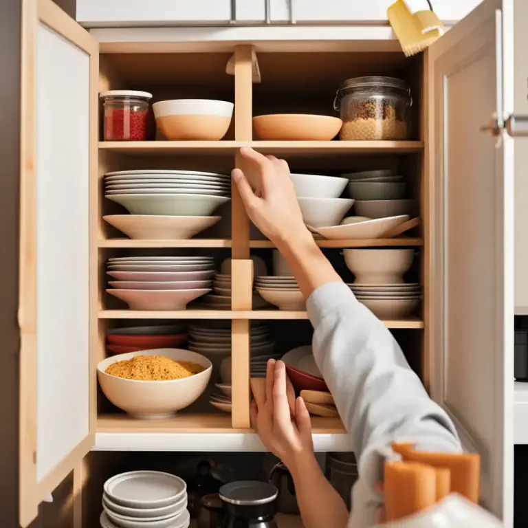 Visual representation of "cupboard" - An enclosed space in a kitchen or room for storing food, dishes, or utensils.