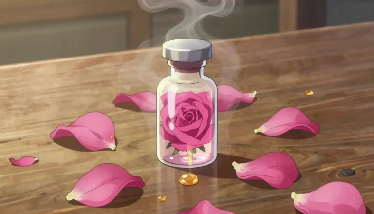 Visual representation of "attar" - A fragrant oil obtained from rose petals.