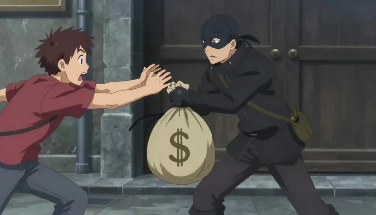 Visual representation of "rob" - To take something from someone by force or without the right to do so.