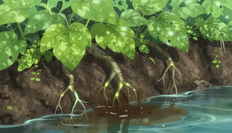 Visual representation of "phytoremediation" - The use of plants to clean up soil or water by absorbing, breaking down, or reducing pollutants.