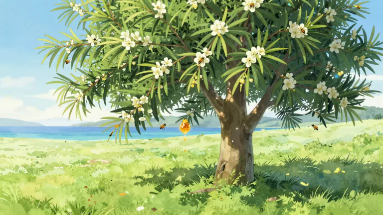 Visual representation of "manuka" - A small tree native to New Zealand and Australia, known for its aromatic leaves and nectar that produces a distinctive type of honey.