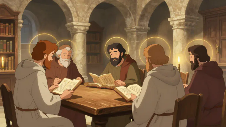 Visual representation of "patristic" - Relating to the early Church Fathers or their writings.