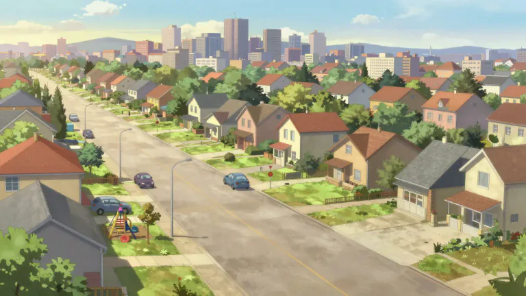 Visual representation of "burb" - A term for a suburban area, usually characterized by residential homes, where people live outside of urban centers.