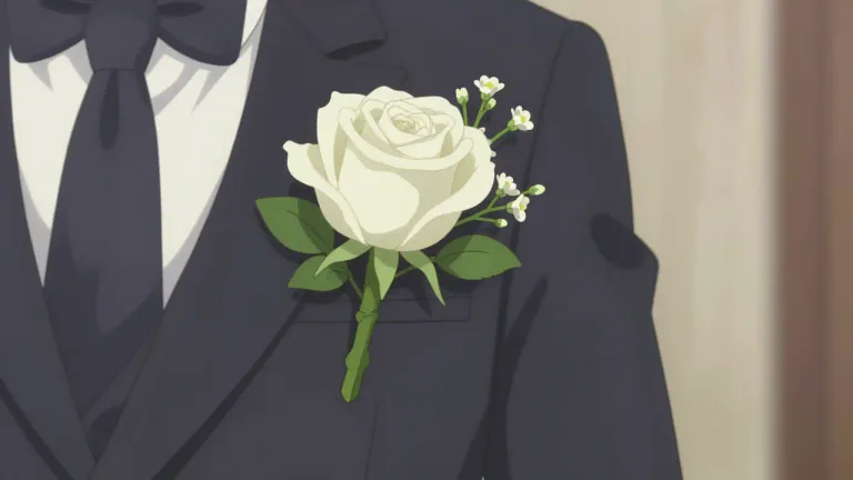 Visual representation of "boutonniere" - a decorative flower or small bouquet worn in a lapel buttonhole or pinned on the chest, often for a special event like a wedding