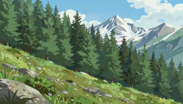 Visual representation of "timberline" - The upper limit of tree growth in mountainous areas, marking the transition between the forest and tundra.