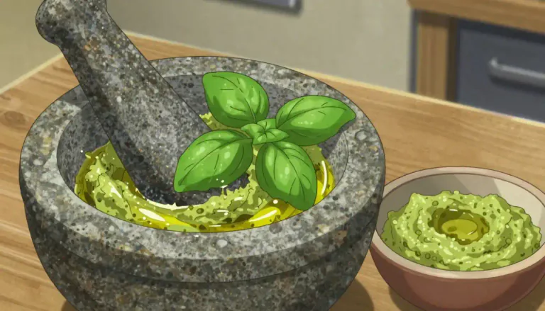 Visual representation of "pistou" - A traditional French sauce made from crushed garlic, fresh basil, and olive oil, typically used to flavor soups or dishes.