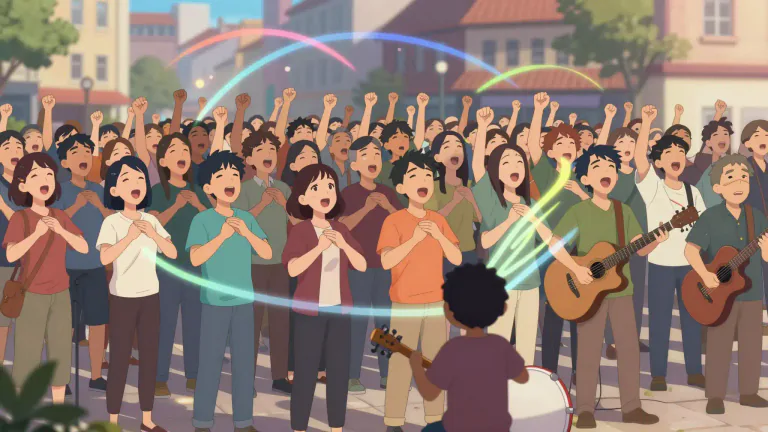 Visual representation of "anthem" - A song that is identified with a specific cause or group, and that express collective emotions or values.