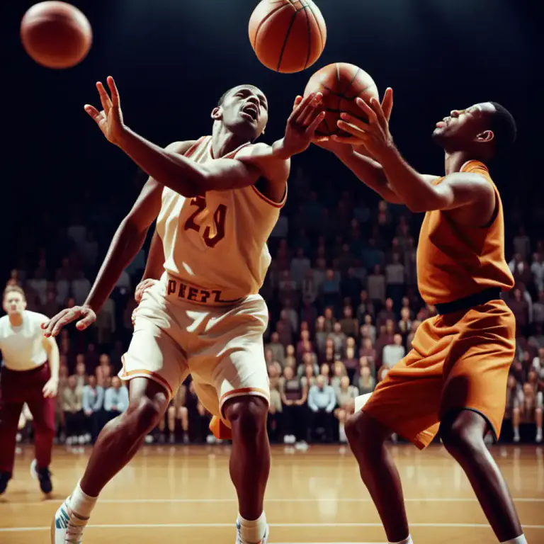 Visual representation of "tip off" - The action of starting a basketball game by throwing the ball into the air between two opposing players