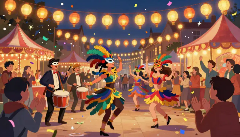Visual representation of "carnival" - A public celebration with music, dance, and parties before Lent