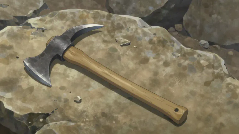 Visual representation of "pickax" - A pickax is a tool with a heavy metal head and a long handle, used for breaking up hard ground or rock.