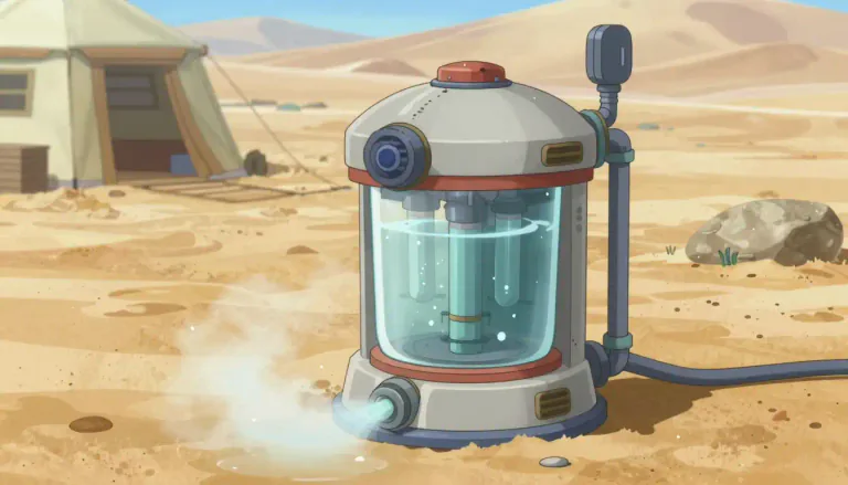 Visual representation of "watermaker" - A device that extracts water from moisture in the air or produces water through other means.