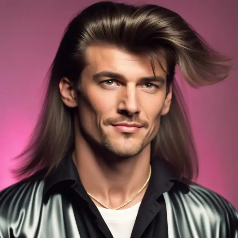 Visual representation of "mullet" - A hairstyle in which the hair is cut short at the front and sides but left long at the back