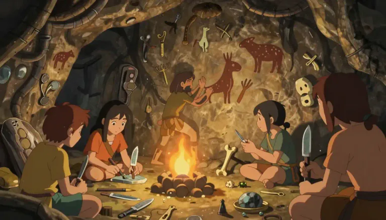 Visual representation of "aurignacian" - Relating to a period in the Upper Paleolithic era, characterized by the development of specific stone tools and artistic expressions by early modern humans.