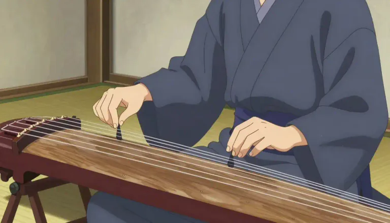 Visual representation of "koto" - A traditional Japanese stringed musical instrument that is played by plucking the strings with finger picks.