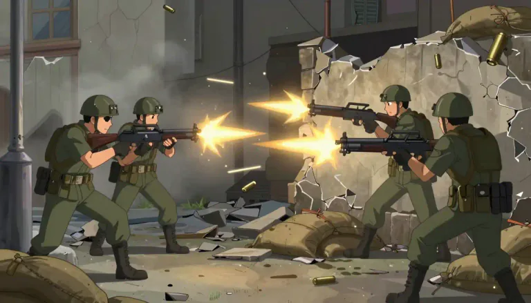 Visual representation of "firefight" - A firefight is a combat situation in which two or more groups fire weapons at each other.