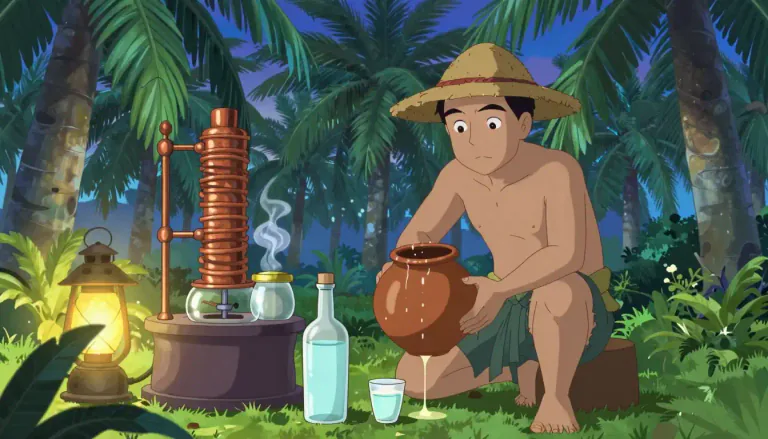 Visual representation of "arrack" - A strong alcoholic drink made by fermenting and distilling the sap of coconut palms or other tropical plants