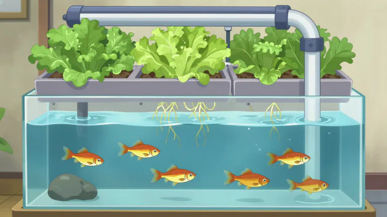 Visual representation of "aquaponics" - A method of growing plants and fish together in a system that recycles water and nutrients, thus minimizing waste.
