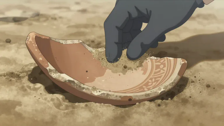 Visual representation of "potsherd" - A piece of broken pottery, especially one found in archaeological digs.