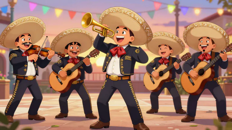 Visual representation of "mariachi" - A traditional type of Mexican music, usually played by a group with instruments like violins, guitars, and trumpets.