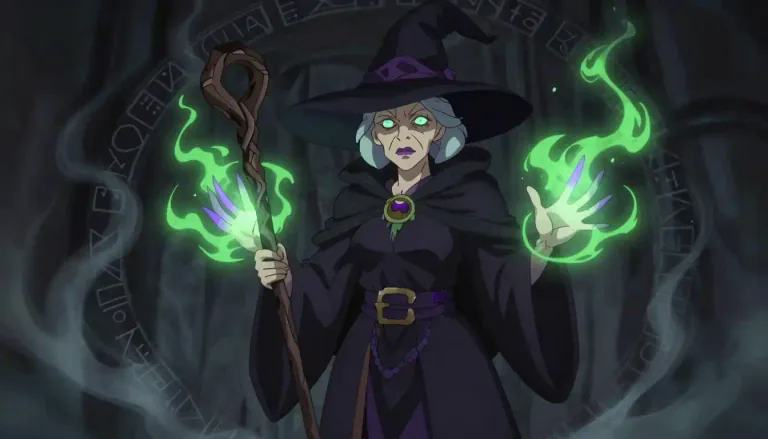 Visual representation of "witch" - A woman who is believed to have magical powers, often associated with evil and sorcery
