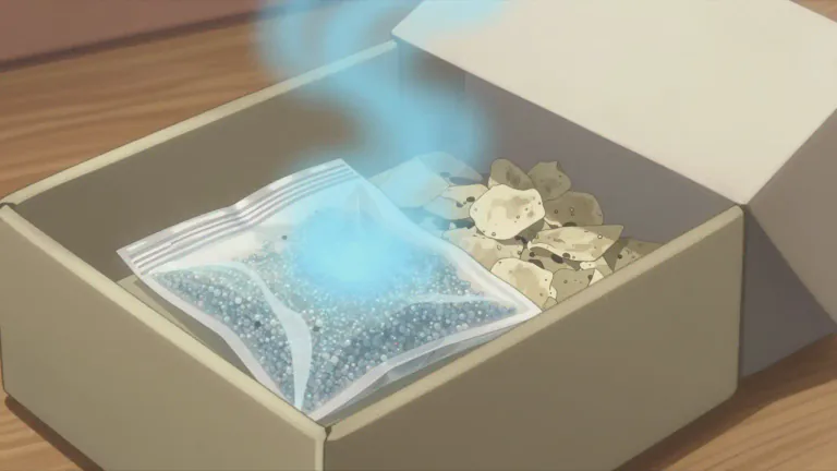 Visual representation of "desiccant" - A substance used to absorb moisture from the air, often to keep products dry.