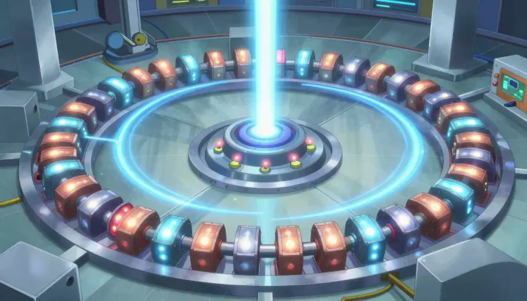 Visual representation of "synchrotron" - A synchrotron is a type of particle accelerator that increases the energy of charged particles, such as electrons, by using electric fields and magnetic fields to maintain their circular path.